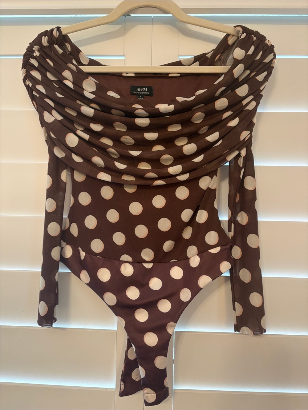 AFRM Brown and Cream Polka Dot Off-Shoulder Bodysuit